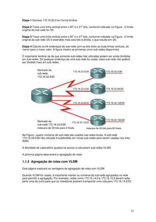 11
Etapa 1 Escreva 172.16.32.0 em forma binária.
Etapa 2 Trace uma linha vertical entre o 20o
e o 21o
bits, conforme indicado na Figura . O limite
original da sub-rede foi /20.
Etapa 3 Trace uma linha vertical entre o 26o
e o 27o
bits, conforme indicado na Figura . O limite
original da sub-rede /20 é estendido mais seis bits à direita, o que resulta em /26.
Etapa 4 Calcule os 64 endereços de sub-rede com os bits entre as duas linhas verticais, do
menor para o maior valor. A figura mostra as primeiras cinco sub-redes disponíveis.
É importante lembrar-se de que somente sub-redes não utilizadas podem ser ainda divididas
em sub-redes. Se qualquer endereço de uma sub-rede for usado, essa sub-rede não poderá
ser dividido mais em sub-redes.
Na Figura , quatro números de sub-rede são usados nas redes locais. A sub-rede
172.16.33.0/26 não utilizada é subdividida em novas sub-redes para serem usadas nos links
WAN.
A Atividade de Laboratório ajudará os alunos a calcularem sub-redes VLSM.
A próxima página descreverá a agregação de rotas
1.1.5 Agregação de rotas com VLSM
Esta página explicará as vantagens da agregação de rotas com VLSM.
Quando VLSM for usado, é importante manter os números de sub-rede agrupados na rede
para permitir a agregação. Por exemplo, redes como 172.16.14.0 e 172.16.15.0 devem estar
perto uma da outra para que os roteadores possam transportar uma rota para 172.16.14.0/23.
 