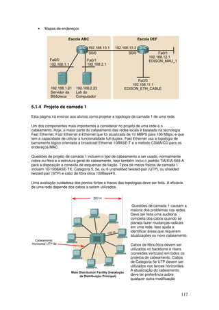 117
• Mapas de endereços
5.1.4 Projeto de camada 1
Esta página irá ensinar aos alunos como projetar a topologia de camada 1 de uma rede.
Um dos componentes mais importantes a considerar no projeto de uma rede é o
cabeamento. Hoje, a maior parte do cabeamento das redes locais é baseada na tecnologia
Fast Ethernet. Fast Ethernet é Ethernet que foi atualizada de 10 MBPS para 100 Mbps, e que
tem a capacidade de utilizar a funcionalidade full duplex. Fast Ethernet usa a topologia de
barramento lógico orientada a broadcast Ethernet 10BASE-T e o método CSMA/CD para os
endereços MAC.
Questões de projeto de camada 1 incluem o tipo de cabeamento a ser usado, normalmente
cobre ou fibra e a estrutura geral do cabeamento. Isso também inclui o padrão TIA/EIA-568-A
para a disposição e conexão de esquemas de fiação. Tipos de meios físicos de camada 1
incluem 10/100BASE-TX, Categoria 5, 5e, ou 6 unshielded twisted-pair (UTP), ou shielded
twisted-pair (STP) e cabo de fibra ótica 100BaseFX.
Uma avaliação cuidadosa dos pontos fortes e fracos das topologias deve ser feita. A eficácia
de uma rede depende dos cabos a serem utilizados.
Questões de camada 1 causam a
maioria dos problemas nas redes.
Deve ser feita uma auditoria
completa dos cabos quando se
planeja fazer mudanças radicais
em uma rede. Isso ajuda a
identificar áreas que requerem
atualizações ou novo cabeamento.
Cabos de fibra ótica devem ser
utilizados no backbone e risers
(conexões verticais) em todos os
projetos de cabeamento. Cabos
de Categoria 5e UTP devem ser
utilizados nos lances horizontais.
A atualização do cabeamento
deve ter preferência sobre
qualquer outra modificação
 