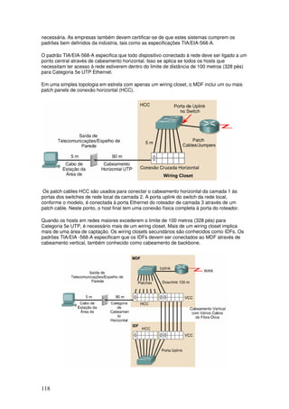 118
necessária. As empresas também devem certificar-se de que estes sistemas cumprem os
padrões bem definidos da indústria, tais como as especificações TIA/EIA-568-A.
O padrão TIA/EIA-568-A especifica que todo dispositivo conectado à rede deve ser ligado a um
ponto central através de cabeamento horizontal. Isso se aplica se todos os hosts que
necessitam ter acesso à rede estiverem dentro do limite de distância de 100 metros (328 pés)
para Categoria 5e UTP Ethernet.
Em uma simples topologia em estrela com apenas um wiring closet, o MDF inclui um ou mais
patch panels de conexão horizontal (HCC).
Os patch cables HCC são usados para conectar o cabeamento horizontal da camada 1 às
portas dos switches de rede local da camada 2. A porta uplink do switch da rede local,
conforme o modelo, é conectada à porta Ethernet do roteador de camada 3 através de um
patch cable. Neste ponto, o host final tem uma conexão física completa à porta do roteador.
Quando os hosts em redes maiores excederem o limite de 100 metros (328 pés) para
Categoria 5e UTP, é necessário mais de um wiring closet. Mais de um wiring closet implica
mais de uma área de captação. Os wiring closets secundários são conhecidos como IDFs. Os
padrões TIA/EIA -568-A especificam que os IDFs devem ser conectados ao MDF através de
cabeamento vertical, também conhecido como cabeamento de backbone.
 