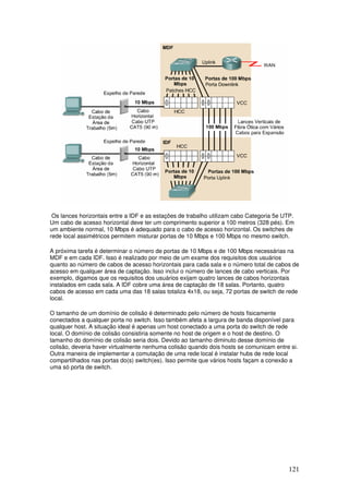 121
Os lances horizontais entre a IDF e as estações de trabalho utilizam cabo Categoria 5e UTP.
Um cabo de acesso horizontal deve ter um comprimento superior a 100 metros (328 pés). Em
um ambiente normal, 10 Mbps é adequado para o cabo de acesso horizontal. Os switches de
rede local assimétricos permitem misturar portas de 10 Mbps e 100 Mbps no mesmo switch.
A próxima tarefa é determinar o número de portas de 10 Mbps e de 100 Mbps necessárias na
MDF e em cada IDF. Isso é realizado por meio de um exame dos requisitos dos usuários
quanto ao número de cabos de acesso horizontais para cada sala e o número total de cabos de
acesso em qualquer área de captação. Isso inclui o número de lances de cabo verticais. Por
exemplo, digamos que os requisitos dos usuários exijam quatro lances de cabos horizontais
instalados em cada sala. A IDF cobre uma área de captação de 18 salas. Portanto, quatro
cabos de acesso em cada uma das 18 salas totaliza 4x18, ou seja, 72 portas de switch de rede
local.
O tamanho de um domínio de colisão é determinado pelo número de hosts fisicamente
conectados a qualquer porta no switch. Isso também afeta a largura de banda disponível para
qualquer host. A situação ideal é apenas um host conectado a uma porta do switch de rede
local. O domínio de colisão consistiria somente no host de origem e o host de destino. O
tamanho do domínio de colisão seria dois. Devido ao tamanho diminuto desse domínio de
colisão, deveria haver virtualmente nenhuma colisão quando dois hosts se comunicam entre si.
Outra maneira de implementar a comutação de uma rede local é instalar hubs de rede local
compartilhados nas portas do(s) switch(es). Isso permite que vários hosts façam a conexão a
uma só porta de switch.
 