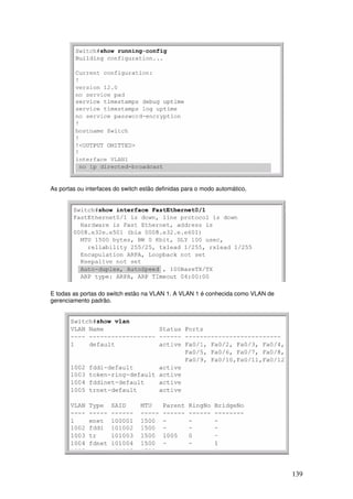 139
As portas ou interfaces do switch estão definidas para o modo automático,
E todas as portas do switch estão na VLAN 1. A VLAN 1 é conhecida como VLAN de
gerenciamento padrão.
 