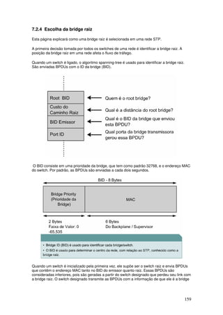 159
7.2.4 Escolha da bridge raiz
Esta página explicará como uma bridge raiz é selecionada em uma rede STP.
A primeira decisão tomada por todos os switches de uma rede é identificar a bridge raiz. A
posição da bridge raiz em uma rede afeta o fluxo de tráfego.
Quando um switch é ligado, o algoritmo spanning-tree é usado para identificar a bridge raiz.
São enviadas BPDUs com o ID da bridge (BID).
O BID consiste em uma prioridade da bridge, que tem como padrão 32768, e o endereço MAC
do switch. Por padrão, as BPDUs são enviadas a cada dois segundos.
Quando um switch é inicializado pela primeira vez, ele supõe ser o switch raiz e envia BPDUs
que contêm o endereço MAC tanto no BID do emissor quanto raiz. Essas BPDUs são
consideradas inferiores, pois são geradas a partir do switch designado que perdeu seu link com
a bridge raiz. O switch designado transmite as BPDUs com a informação de que ele é a bridge
 