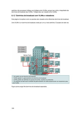 168
switches não processam tráfego com bridges entre VLANs, porque isso viola a integridade dos
domínios de broadcast das VLANs. Tráfego deve ser roteado entre VLANs.
8.1.2 Domínios de broadcast com VLANs e roteadores
Esta página irá explicar como os pacotes são roteados entre diferentes domínios de broadcast.
Uma VLAN é um domínio de broadcast criado por um ou mais switches. O projeto de rede nas
Figura acima exige três domínios de broadcast separados.
 