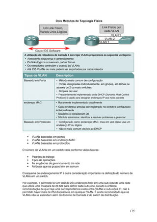 175
• VLANs baseadas em portas
• VLANs baseadas em endereço MAC
• VLANs baseadas em protocolos
O número de VLANs em um switch varia conforme vários fatores:
• Padrões de tráfego
• Tipos de aplicações
• As exigências de gerenciamento da rede
• Atributos que os grupos têm em comum
O esquema de endereçamento IP é outra consideração importante na definição do número de
VLANs em um switch.
Por exemplo, é permitido ter um total de 254 endereços host em uma sub-rede de uma rede
que utiliza uma máscara de 24 bits para definir cada sub-rede. Devido à enfática
recomendação de que haja uma correspondência exata entre VLANs e sub-redes IP, não é
permitido haver mais de 254 dispositivos em qualquer VLAN. É ainda recomendado que as
VLANs não se estendam além do domínio de Camada 2 do switch de distribuição.
 