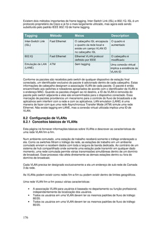176
Existem dois métodos importantes de frame tagging, Inter-Switch Link (ISL) e 802.1Q. ISL é um
protocolo proprietário da Cisco e já foi o mais largamente utilizado, mas agora está sendo
substituído pelo padrão IEEE 802.1Q de frame tagging.
Conforme os pacotes são recebidos pelo switch de qualquer dispositivo de estação final
conectado, um identificador exclusivo do pacote é adicionado dentro de cada cabeçalho. Estas
informações de cabeçalho designam a associação VLAN de cada pacote. O pacote é então
encaminhado aos switches e roteadores apropriados de acordo com o identificador da VLAN e
o endereço MAC. Quando os pacotes chegam ao nó destino, a ID da VLAN é removida do
pacote pelo switch adjacente e eles são encaminhados para o dispositivo conectado. Essa
marcação de pacotes providencia um mecanismo para o controle do fluxo de broadcasts e de
aplicativos sem interferir com a rede e com os aplicativos. LAN emulation (LANE) é uma
maneira de fazer com que uma rede Asynchronous Transfer Mode (ATM) simule uma rede
Ethernet. Não existe tagging em LANE, mas a conexão virtual utilizada implica uma ID de
VLAN.
8.2 Configuração de VLANs
8.2.1 Conceitos básicos de VLANs
Esta página irá fornecer informações básicas sobre VLANs e descrever as características de
uma rede VLAN fim-a-fim.
Num ambiente comutado, uma estação de trabalho receberá somente o tráfego endereçado a
ela. Como os switches filtram o tráfego da rede, as estações de trabalho em um ambiente
comutado enviam e recebem dados com toda a largura de banda dedicada. Ao contrário de um
sistema de hub compartilhado onde somente uma estação pode transmitir em qualquer dado
momento, uma rede comutada permite várias transmissões simultâneas dentro de um domínio
de broadcast. Esse processo não afeta diretamente as demais estações dentro ou fora do
domínio de broadcast.
Cada VLAN precisa ter designado exclusivamente a ela um endereço de sub-rede de Camada
3 da rede.
As VLANs podem existir como redes fim-a-fim ou podem existir dentro de limites geográficos.
Uma rede VLAN fim-a-fim possui várias características:
• A associação VLAN para usuários é baseada no departamento ou função profissional,
independentemente da localização dos usuários.
• Todos os usuários em uma VLAN devem ter os mesmos padrões de fluxo de tráfego
80/20.
• Todos os usuários em uma VLAN devem ter os mesmos padrões de fluxo de tráfego
80/20.
 