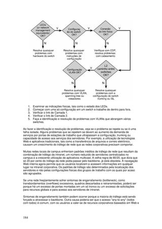 184
1. Examinar as indicações físicas, tais como o estado dos LEDs.
2. Começar com uma só configuração em um switch e trabalhe de dentro para fora.
3. Verificar o link de Camada 1.
4. Verificar o link de Camada 2.
5. Faça a identificação e resolução de problemas com VLANs que abrangem vários
switches.
Ao fazer a identificação e resolução de problemas, veja se o problema se repete ou se é uma
falha isolada. Alguns problemas que se repetem se devem ao aumento da demanda de
serviços por portas de estações de trabalho que ultrapassam a configuração, trunking ou
capacidade de acesso aos serviços dos servidores. Por exemplo, a utilização de tecnologias
Web e aplicativos tradicionais, tais como a transferência de arquivos e correio eletrônico,
causam um crescimento do tráfego de rede que as redes corporativas precisam comportar.
Muitas redes locais de campus enfrentam padrões inéditos de tráfego de rede que resultam da
combinação de tráfego da intranet, um número reduzido de servidores centralizados no
campus e a crescente utilização de aplicativos multicast. A velha regra de 80/20, que dizia que
só 20 por cento do tráfego da rede podia passar pelo backbone, já está obsoleta. A navegação
Web interna agora permite que os usuários localizem e acessem informações em qualquer
lugar na intranet corporativa. Os padrões de tráfego são determinados pela localização dos
servidores e não pelas configurações físicas dos grupos de trabalho com os quais por acaso
são agrupados.
Se uma rede freqüentemente sofrer sintomas de engarrafamento (bottleneck), como
transbordamentos (overflows) excessivos, quadros descartados e retransmissões, poderá ser
porque há um excesso de portas montadas em um só tronco ou um excesso de solicitações
para recursos globais e para acesso aos servidores de intranet.
Sintomas de engarrafamento também podem ocorrer porque a maioria do tráfego está sendo
forçado a atravessar o backbone. Outra causa poderia ser que o acesso "any-to-any" (todos
com todos) é comum, com os usuários a valer-se de recursos corporativos baseados em Web e
 