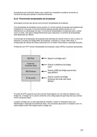 185
de aplicativos de multimídia. Nesse caso, poderá ser necessário considerar aumentar os
recursos da rede para atender à crescente demanda.
8.3.3 Prevenindo tempestades de broadcast
Esta página ensinará aos alunos como prevenir tempestades de broadcast.
Uma tempestade de broadcast ocorre quando um número grande de pacotes de broadcast são
recebidos em uma porta. O encaminhamento desses pacotes poderá resultar em um
retardamento ou paralisação da rede. O controle de tempestades é configurado para o switch
como um todo, mas opera independentemente para cada porta. O controle de tempestades
está desativado por default.
A prevenção de tempestades de broadcast pela definição de valores limite em alto ou baixo irá
descartar o excesso de tráfego MAC de broadcast, multicast ou unicast. Além disso, a
configuração de valores de limites crescentes em um switch interromperá a operação da porta.
Problemas com STP incluem tempestades de broadcast, loops, BPDUs e pacotes descartados.
A função do STP é garantir que não ocorram loops lógicos em uma rede por designar uma
bridge raiz. A bridge raiz é o ponto central de uma configuração de spanning-tree que controla
como o protocolo opera.
Localizar a bridge raiz na rede estendida de roteador e switch é necessário para uma
identificação e resolução de problemas eficaz. Os comandos show tanto no roteador como no
switch podem exibir informações sobre a bridge raiz.
 