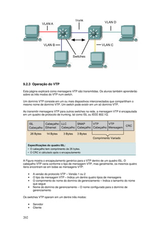 202
9.2.3 Operação do VTP
Esta página explicará como mensagens VTP são transmitidas. Os alunos também aprenderão
sobre os três modos do VTP num switch.
Um domínio VTP consiste em um ou mais dispositivos interconectados que compartilham o
mesmo nome de domínio VTP. Um switch pode existir em um só domínio VTP.
Ao transmitir mensagens VTP para outros switches na rede, a mensagem VTP é encapsulada
em um quadro de protocolo de trunking, tal como ISL ou IEEE 802.1Q.
A Figura mostra o encapsulamento genérico para o VTP dentro de um quadro ISL. O
cabeçalho VTP varia conforme o tipo de mensagem VTP, mas geralmente, os mesmos quatro
itens encontram-se em todas as mensagens VTP:
• A versão do protocolo VTP – Versão 1 ou 2
• O tipo da mensagem VTP – Indica um dentre quatro tipos de mensagens
• O comprimento do nome do domínio de gerenciamento – Indica o tamanho do nome
que segue
• Nome do domínio de gerenciamento – O nome configurado para o domínio de
gerenciamento
Os switches VTP operam em um dentre três modos:
• Servidor
• Cliente
 