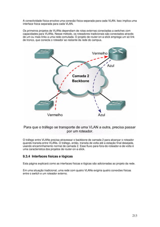 213
A conectividade física envolve uma conexão física separada para cada VLAN. Isso implica uma
interface física separada para cada VLAN.
Os primeiros projetos de VLANs dependiam de rotas externas conectadas a switches com
capacidades para VLANs. Nesse método, os roteadores tradicionais são conectados através
de um ou mais links a uma rede comutada. O projeto de router-on-a-stick emprega um só link
de tronco, que conecta o roteador ao restante da rede do campus.
O tráfego entre VLANs precisa atravessar o backbone de camada 2 para alcançar o roteador
quando transita entre VLANs. O tráfego, então, transita de volta até a estação final desejada,
usando encaminhamento normal de camada 2. Esse fluxo para-fora-do-roteador-e-de-volta é
uma característica dos projetos de router-on-a-stick.
9.3.4 Interfaces físicas e lógicas
Esta página explicará como as interfaces físicas e lógicas são adicionadas ao projeto da rede.
Em uma situação tradicional, uma rede com quatro VLANs exigiria quatro conexões físicas
entre o switch e um roteador externo.
 