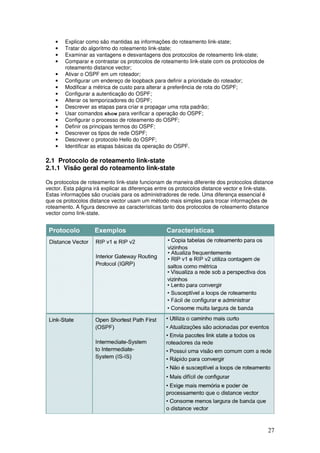 27
• Explicar como são mantidas as informações do roteamento link-state;
• Tratar do algoritmo do roteamento link-state;
• Examinar as vantagens e desvantagens dos protocolos de roteamento link-state;
• Comparar e contrastar os protocolos de roteamento link-state com os protocolos de
roteamento distance vector;
• Ativar o OSPF em um roteador;
• Configurar um endereço de loopback para definir a prioridade do roteador;
• Modificar a métrica de custo para alterar a preferência de rota do OSPF;
• Configurar a autenticação do OSPF;
• Alterar os temporizadores do OSPF;
• Descrever as etapas para criar e propagar uma rota padrão;
• Usar comandos show para verificar a operação do OSPF;
• Configurar o processo de roteamento do OSPF;
• Definir os principais termos do OSPF;
• Descrever os tipos de rede OSPF;
• Descrever o protocolo Hello do OSPF;
• Identificar as etapas básicas da operação do OSPF.
2.1 Protocolo de roteamento link-state
2.1.1 Visão geral do roteamento link-state
Os protocolos de roteamento link-state funcionam de maneira diferente dos protocolos distance
vector. Esta página irá explicar as diferenças entre os protocolos distance vector e link-state.
Estas informações são cruciais para os administradores de rede. Uma diferença essencial é
que os protocolos distance vector usam um método mais simples para trocar informações de
roteamento. A figura descreve as características tanto dos protocolos de roteamento distance
vector como link-state.
 