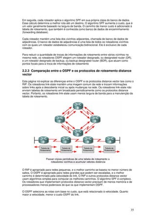 35
Em seguida, cada roteador aplica o algoritmo SPF em sua própria cópia do banco de dados.
Esse cálculo determina a melhor rota até um destino. O algoritmo SPF aumenta o custo, que é
um valor geralmente baseado na largura de banda. O caminho de menor custo é adicionado à
tabela de roteamento, que também é conhecida como banco de dados de encaminhamento
(forwarding database).
Cada roteador mantém uma lista dos vizinhos adjacentes, chamada de banco de dados de
adjacências. O banco de dados de adjacências é uma lista de todos os roteadores vizinhos
com os quais um roteador estabeleceu comunicação bidirecional. Ele é exclusivo de cada
roteador.
Para reduzir a quantidade de trocas de informações de roteamento entre vários vizinhos na
mesma rede, os roteadores OSPF elegem um roteador designado, ou designated router (DR),
e um roteador designado de backup, ou backup designated router (BDR), que atuam como
pontos focais para a troca de informações de roteamento
2.2.3 Comparação entre o OSPF e os protocolos de roteamento distance
vector
Esta página irá explicar as diferenças entre o OSPF e os protocolos distance vector tais como o
RIP. Os roteadores link-state mantêm uma imagem comum da rede e trocam informações
sobre links após a descoberta inicial ou após mudanças na rede. Os roteadores link-state não
enviam tabelas de roteamento em broadcasts periodicamente como os protocolos distance
vector. Portanto, os roteadores link-state usam menos largura de banda para a manutenção da
tabela de roteamento.
O RIP é apropriado para redes pequenas, e o melhor caminho se baseia no menor número de
saltos. O OSPF é apropriado para redes grandes que podem ser escaladas, e o melhor
caminho é determinado pela velocidade do link. O RIP e outros protocolos distance vector
usam algoritmos simples para computar os melhores caminhos. O algoritmo SPF é complexo.
Os roteadores que implementam protocolos distance vector precisam de menos memória e de
processadores menos poderosos do que os que implementam OSPF.
O OSPF seleciona as rotas com base no custo, que está relacionado à velocidade. Quanto
maior a velocidade, menor o custo OSPF do link.
 