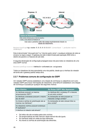 46
Router(config)#ip route 0.0.0.0 0.0.0.0 [interface | próximo-salto
endereço]
Esta é denominada "rota quad-zero" ou "rota de quatro zeros", e qualquer endereço de rede se
encaixa na regra a seguir. O gateway da rede é determinado pela operação AND entre o
destino do pacote e a máscara de sub-rede.
A seguinte declaração de configuração propagará essa rota para todos os roteadores de uma
área OSPF normal:
Router(config-router)#default-information originate
Todos os roteadores da área aprenderão uma rota padrão, desde que a interface do roteador
de borda até o gateway padrão esteja ativa.
2.3.7 Problemas comuns de configuração do OSPF
Um roteador OSPF precisa estabelecer uma relação de vizinhança ou adjacência com outro
roteador OSPF para trocar informações de roteamento. Uma falha em estabelecer uma relação
de vizinhança é causada por qualquer dos seguintes motivos:
• Os hellos não são enviados pelos dois vizinhos.
• Os temporizadores de hello interval e dead interval não são iguais.
• As interfaces estão em redes de tipos diferentes.
• As chaves ou senhas de autenticação são diferentes.
 