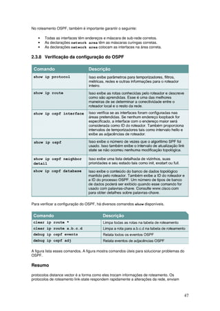 47
No roteamento OSPF, também é importante garantir o seguinte:
• Todas as interfaces têm endereços e máscara de sub-rede corretos.
• As declarações network area têm as máscaras curingas corretas.
• As declarações network area colocam as interfaces na área correta.
2.3.8 Verificação da configuração do OSPF
Para verificar a configuração do OSPF, há diversos comandos show disponíveis.
A figura lista esses comandos. A figura mostra comandos úteis para solucionar problemas do
OSPF.
Resumo
protocolos distance vector é a forma como eles trocam informações de roteamento. Os
protocolos de roteamento link-state respondem rapidamente a alterações da rede, enviam
 