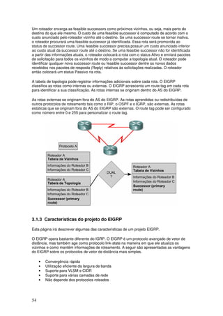 54
Um roteador enxerga as feasible successors como próximos vizinhos, ou seja, mais perto do
destino do que ele mesmo. O custo de uma feasible successor é computado de acordo com o
custo anunciado pelo roteador vizinho até o destino. Se uma successor route se tornar inativa,
o roteador procurará uma feasible successor já identificada. Essa rota será promovida ao
status de successor route. Uma feasible successor precisa possuir um custo anunciado inferior
ao custo atual da successor route até o destino. Se uma feasible successor não for identificada
a partir das informações atuais, o roteador colocará a rota com o status Ativo e enviará pacotes
de solicitação para todos os vizinhos de modo a computar a topologia atual. O roteador pode
identificar qualquer nova successor route ou feasible successor dentre os novos dados
recebidos nos pacotes de resposta (Reply) relativos às solicitações realizadas. O roteador
então colocará um status Passivo na rota.
A tabela de topologia pode registrar informações adicionais sobre cada rota. O EIGRP
classifica as rotas como internas ou externas. O EIGRP acrescenta um route tag em cada rota
para identificar a sua classificação. As rotas internas se originam dentro do AS do EIGRP.
As rotas externas se originam fora do AS do EIGRP. As rotas aprendidas ou redistribuídas de
outros protocolos de roteamento tais como o RIP, o OSPF e o IGRP, são externas. As rotas
estáticas que se originam fora do AS do EIGRP são externas. O route tag pode ser configurado
como número entre 0 e 255 para personalizar o route tag.
3.1.3 Características do projeto do EIGRP
Esta página irá descrever algumas das características de um projeto EIGRP.
O EIGRP opera bastante diferente do IGRP. O EIGRP é um protocolo avançado de vetor de
distância, mas também age como protocolo link-state na maneira em que ele atualiza os
vizinhos e como mantêm informações de roteamento. A seguir são apresentadas as vantagens
do EIGRP sobre os protocolos de vetor de distância mais simples.
• Convergência rápida
• Utilização eficiente da largura de banda
• Suporte para VLSM e CIDR
• Suporte para várias camadas de rede
• Não depende dos protocolos roteados
 