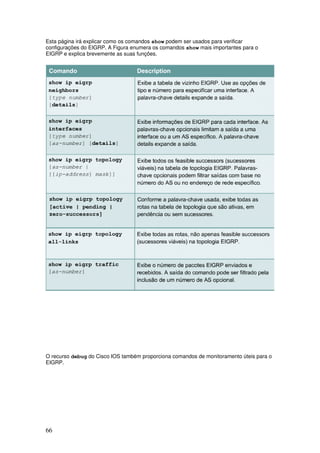 66
Esta página irá explicar como os comandos show podem ser usados para verificar
configurações do EIGRP. A Figura enumera os comandos show mais importantes para o
EIGRP e explica brevemente as suas funções.
O recurso debug do Cisco IOS também proporciona comandos de monitoramento úteis para o
EIGRP.
 