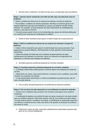 70
1. Quando estiver analisando uma falha da rede, faça uma descrição clara do problema.
2. Colete os fatos necessários para ajudar na determinação das causas possíveis.
3. Considere possíveis problemas baseando-se nos fatos coletados.
4. Crie um plano de ação baseando-se nos problemas em potencial restantes.
5. Implemente o plano de ação, realizando cuidadosamente cada etapa enquanto testa
para ver se o sintoma desaparece.
 
