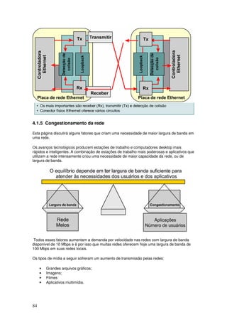 84
4.1.5 Congestionamento da rede
Esta página discutirá alguns fatores que criam uma necessidade de maior largura de banda em
uma rede.
Os avanços tecnológicos produzem estações de trabalho e computadores desktop mais
rápidos e inteligentes. A combinação de estações de trabalho mais poderosas e aplicativos que
utilizam a rede intensamente criou uma necessidade de maior capacidade da rede, ou de
largura de banda.
Todos esses fatores aumentam a demanda por velocidade nas redes com largura de banda
disponível de 10 Mbps e é por isso que muitas redes oferecem hoje uma largura de banda de
100 Mbps em suas redes locais.
Os tipos de mídia a seguir sofreram um aumento de transmissão pelas redes:
• Grandes arquivos gráficos;
• Imagens;
• Filmes
• Aplicativos multimídia.
 