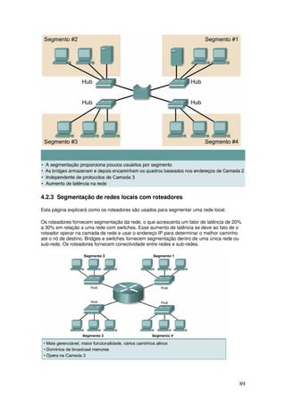 89
4.2.3 Segmentação de redes locais com roteadores
Esta página explicará como os roteadores são usados para segmentar uma rede local.
Os roteadores fornecem segmentação da rede, o que acrescenta um fator de latência de 20%
a 30% em relação a uma rede com switches. Esse aumento de latência se deve ao fato de o
roteador operar na camada de rede e usar o endereço IP para determinar o melhor caminho
até o nó de destino. Bridges e switches fornecem segmentação dentro de uma única rede ou
sub-rede. Os roteadores fornecem conectividade entre redes e sub-redes.
 