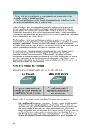 96
Na bufferização por porta, os quadros são armazenados em filas vinculadas a portas de
entrada específicas. Um quadro só é transmitido para a porta de saída quando todos os
quadros à frente dele na fila tiverem sido transmitidos com êxito. É possível que um único
quadro atrase a transmissão de todos os quadros na memória devido a uma porta de destino
que esteja ocupada. Esse atraso ocorre mesmo se os outros quadros puderem ser transmitidos
para portas de destino que estejam abertas.
A bufferização em memória compartilhada deposita todos os quadros em um buffer de
memória comum, que é compartilhado por todas as portas do switch. A quantidade de memória
exigida por uma porta para o buffer é alocada dinamicamente. Os quadros no buffer são
vinculados dinamicamente à porta de destino. Isso permite que o pacote seja recebido em uma
porta e, em seguida, transmitido em outra, sem ser movido para outra fila.
O switch mantém um mapa de vínculos entre quadros e portas, mostrando para onde um
pacote precisa ser transmitido. O vínculo é apagado do mapa depois que o quadro é
transmitido com êxito. O buffer de memória é compartilhado. A quantidade de quadros
armazenados no buffer é restringida pelo tamanho de todo o buffer de memória e não limitada
a um único buffer de porta. Isso permite que quadros maiores sejam transmitidos e menos
quadros sejam descartados. Isso é importante para a comutação assimétrica, em que há troca
de quadros entre portas com taxas diferentes.
4.2.10 Dois métodos de comutação
Esta página apresentará as comutações store-and-forward e cut-through.
Os dois modos de comutação a seguir estão disponíveis para encaminhar quadros:
• Store-and-forward (armazenar e encaminhar) – O quadro inteiro é recebido antes de
ser encaminhado. Os endereços de destino e de origem são lidos e os filtros são
aplicados antes que o quadro seja encaminhado. A latência ocorre enquanto o quadro
está sendo recebido. A latência é maior com quadros maiores, pois todo o quadro
precisa ser recebido antes que o processo de comutação comece. O switch é capaz de
verificar se há erros em todo o quadro, o que proporciona maior detecção de erros.
• Cut-through (transpassar) – O quadro é encaminhado através do switch antes de ser
recebido por completo. Pelo menos o endereço de destino do quadro precisa ser lido
 