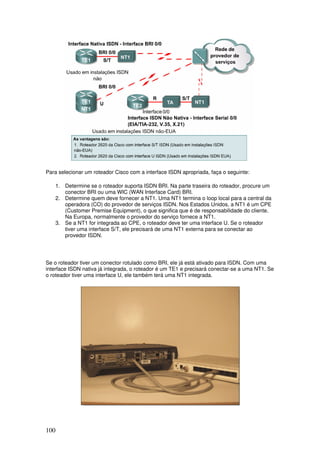 100
Para selecionar um roteador Cisco com a interface ISDN apropriada, faça o seguinte:
1. Determine se o roteador suporta ISDN BRI. Na parte traseira do roteador, procure um
conector BRI ou uma WIC (WAN Interface Card) BRI.
2. Determine quem deve fornecer a NT1. Uma NT1 termina o loop local para a central da
operadora (CO) do provedor de serviços ISDN. Nos Estados Unidos, a NT1 é um CPE
(Customer Premise Equipment), o que significa que é de responsabilidade do cliente.
Na Europa, normalmente o provedor do serviço fornece a NT1.
3. Se a NT1 for integrada ao CPE, o roteador deve ter uma interface U. Se o roteador
tiver uma interface S/T, ele precisará de uma NT1 externa para se conectar ao
provedor ISDN.
Se o roteador tiver um conector rotulado como BRI, ele já está ativado para ISDN. Com uma
interface ISDN nativa já integrada, o roteador é um TE1 e precisará conectar-se a uma NT1. Se
o roteador tiver uma interface U, ele também terá uma NT1 integrada.
 