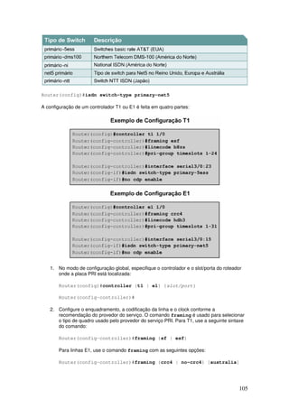 105
Router(config)#isdn switch-type primary-net5
A configuração de um controlador T1 ou E1 é feita em quatro partes:
1. No modo de configuração global, especifique o controlador e o slot/porta do roteador
onde a placa PRI está localizada:
Router(config)#controller {t1 | e1} {slot/port}
Router(config-controller)#
2. Configure o enquadramento, a codificação da linha e o clock conforme a
recomendação do provedor do serviço. O comando framing é usado para selecionar
o tipo de quadro usado pelo provedor do serviço PRI. Para T1, use a seguinte sintaxe
do comando:
Router(config-controller)#framing {sf | esf}
Para linhas E1, use o comando framing com as seguintes opções:
Router(config-controller)#framing {crc4 | no-crc4} [australia]
 