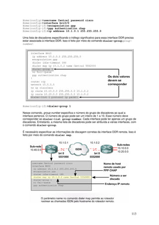 113
Home(config)#username Central password cisco
Home(config)#interface bri0/0
Home(config-if)#encapsulation ppp
Home(config-if)#ppp authentication chap
Home(config-if)#ip address 10.1.0.1 255.255.255.0
Uma lista de discadores especificando o tráfego significativo para essa interface DDR precisa
estar associada à interface DDR. Isso é feito por meio do comando dialer-groupgroup-
number:
Home(config-if)#dialer-group 1
Nesse comando, group-number especifica o número do grupo de discadores ao qual a
interface pertence. O número do grupo pode ser um inteiro de 1 a 10. Esse número deve
corresponder ao dialer-list group-number. Cada interface pode ter apenas um grupo de
discadores. Entretanto, a mesma lista de discadores pode ser atribuída a várias interfaces, com
o comando dialer-group.
É necessário especificar as informações de discagem corretas da interface DDR remota. Isso é
feito por meio do comando dialer map.
 