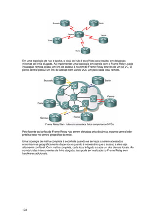 128
Em uma topologia de hub e spoke, o local do hub é escolhido para resultar em despesas
mínimas de linha alugada. Ao implementar uma topologia em estrela com o Frame Relay, cada
instalação remota possui um link de acesso à nuvem de Frame Relay através de um só VC. O
ponto central possui um link de acesso com vários VCs, um para cada local remoto.
Pelo fato de as tarifas de Frame Relay não serem afetadas pela distância, o ponto central não
precisa estar no centro geográfico da rede.
Uma topologia de malha completa é escolhida quando os serviços a serem acessados
encontram-se geograficamente dispersos e quando é necessário que o acesso a eles seja
altamente confiável. Com malha completa, cada local é ligado a cada um dos demais locais. Ao
contrário das interconexões de linha alugada, isso pode ser realizado no Frame Relay sem
hardwares adicionais.
 