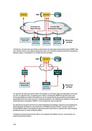 164
Entretanto, ele presume que todos os elementos de rede sejam gerenciáveis pelo SNMP. Isso
nem sempre ocorre, pois alguns dispositivos têm uma interface de gerenciamento proprietária.
Nesses casos, é necessário um modelo de três camadas.
Um gerente de rede que queira obter informações ou controlar esse nó proprietário comunica-
se com um agente proxy. O agente proxy traduz a solicitação SNMP do gerente para uma
forma apropriada ao sistema de destino e usa um protocolo de gerenciamento proprietário
apropriado para comunicar-se com o sistema de destino. As respostas do destino ao proxy são
traduzidas para mensagens SNMP e comunicadas de volta ao gerente.
Os aplicativos de gerenciamento de rede freqüentemente delegam alguma funcionalidade de
gerenciamento de rede em uma sonda de um RMON (remote monitor, monitor remoto). A
sonda RMON coleta informações de gerenciamento localmente e o gerente de rede recupera
periodicamente um resumo desses dados.
A Estação de Gerenciamento de rede é uma estação de trabalho comum, que executa um
sistema operacional típico.
 