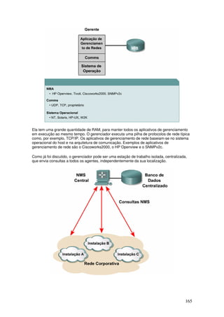 165
Ela tem uma grande quantidade de RAM, para manter todos os aplicativos de gerenciamento
em execução ao mesmo tempo. O gerenciador executa uma pilha de protocolos de rede típica
como, por exemplo, TCP/IP. Os aplicativos de gerenciamento de rede baseiam-se no sistema
operacional do host e na arquitetura de comunicação. Exemplos de aplicativos de
gerenciamento de rede são o Ciscoworks2000, o HP Openview e o SNMPv2c.
Como já foi discutido, o gerenciador pode ser uma estação de trabalho isolada, centralizada,
que envia consultas a todos os agentes, independentemente da sua localização.
 