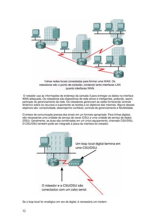 32
O roteador usa as informações de endereço da camada 3 para entregar os dados na interface
WAN adequada. Os roteadores são dispositivos de rede ativos e inteligentes, podendo, assim,
participar do gerenciamento da rede. Os roteadores gerenciam as redes fornecendo controle
dinâmico sobre os recursos e suportando as tarefas e os objetivos das mesmas. Alguns desses
objetivos são: conectividade, desempenho confiável, controle de gerenciamento e flexibilidade.
O enlace de comunicação precisa dos sinais em um formato apropriado. Para linhas digitais,
são necessárias uma unidade de serviço de canal (CSU) e uma unidade de serviço de dados
(DSU). Geralmente, as duas são combinadas em um único equipamento, chamado CSU/DSU.
O CSU/DSU também pode ser integrado à placa da interface do roteador.
Se o loop local for analógico em vez de digital, é necessário um modem.
 