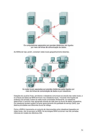 51
As WANs de hoje, porém, conectam redes locais geograficamente distantes.
Estações de usuários finais, servidores e roteadores comunicam-se através das redes locais, e
os enlaces de dados da WAN terminam nos roteadores locais. Trocando informações de
endereço da camada 3 sobre as redes locais conectadas diretamente, os roteadores
determinam o caminho mais apropriado através da rede para os fluxos de dados necessários.
Os roteadores também podem fornecer gerenciamento da qualidade do serviço (QoS), que
destina prioridades aos diferentes fluxos de tráfego.
Como a WAN é meramente um conjunto de interconexões entre roteadores baseados em
redes locais, não há serviços na WAN. As tecnologias WAN funcionam nas três camadas
inferiores do modelo de referência OSI.
 