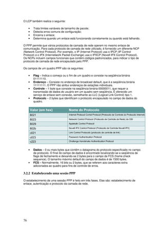 76
O LCP também realiza o seguinte:
• Trata limites variáveis de tamanho de pacote;
• Detecta erros comuns de configuração;
• Encerra o enlace;
• Determina quando um enlace está funcionando corretamente ou quando está falhando.
O PPP permite que vários protocolos de camada de rede operem no mesmo enlace de
comunicação. Para cada protocolo de camada de rede utilizado, é fornecido um diferente NCP
(Network Control Protocol). Por exemplo, o IP (Internet Protocol) usa o IPCP (IP Control
Protocol) e o IPX (Internetwork Packet Exchange) usa o IPXCP (Novell IPX Control Protocol).
Os NCPs incluem campos funcionais que contêm códigos padronizados, para indicar o tipo de
protocolo de camada de rede encapsulado pelo PPP.
Os campos de um quadro PPP são os seguintes:
• Flag – Indica o começo ou o fim de um quadro e consiste na seqüência binária
01111110.
• Endereço – Consiste no endereço de broadcast default, que é a seqüência binária
11111111. O PPP não atribui endereços de estações individuais.
• Controle – 1 byte que consiste na seqüência binária 00000011, que requer a
transmissão de dados do usuário em um quadro sem seqüência. É oferecido um
serviço de enlace sem conexão, semelhante ao LLC (Logical Link Control) tipo 1.
• Protocolo – 2 bytes que identificam o protocolo encapsulado no campo de dados do
quadro.
• Dados – 0 ou mais bytes que contêm o datagrama do protocolo especificado no campo
de protocolo. O final do campo de dados é encontrado localizando-se a seqüência de
flags de fechamento e deixando-se 2 bytes para o campo de FCS (frame check
sequence). O tamanho máximo default do campo de dados é de 1500 bytes.
• FCS – Normalmente, 16 bits ou 2 bytes, que se referem aos caracteres extra
adicionados ao quadro para fins de controle de erros.
3.2.2 Estabelecendo uma sessão PPP
O estabelecimento de uma sessão PPP é feito em três fases. Elas são: estabelecimento de
enlace, autenticação e protocolo da camada de rede.
 