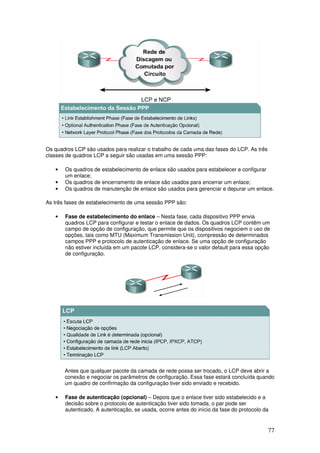 77
Os quadros LCP são usados para realizar o trabalho de cada uma das fases do LCP. As três
classes de quadros LCP a seguir são usadas em uma sessão PPP:
• Os quadros de estabelecimento de enlace são usados para estabelecer e configurar
um enlace;
• Os quadros de encerramento de enlace são usados para encerrar um enlace;
• Os quadros de manutenção de enlace são usados para gerenciar e depurar um enlace.
As três fases de estabelecimento de uma sessão PPP são:
• Fase de estabelecimento do enlace – Nesta fase, cada dispositivo PPP envia
quadros LCP para configurar e testar o enlace de dados. Os quadros LCP contêm um
campo de opção de configuração, que permite que os dispositivos negociem o uso de
opções, tais como MTU (Maximum Transmission Unit), compressão de determinados
campos PPP e protocolo de autenticação de enlace. Se uma opção de configuração
não estiver incluída em um pacote LCP, considera-se o valor default para essa opção
de configuração.
Antes que qualquer pacote da camada de rede possa ser trocado, o LCP deve abrir a
conexão e negociar os parâmetros de configuração. Essa fase estará concluída quando
um quadro de confirmação da configuração tiver sido enviado e recebido.
• Fase de autenticação (opcional) – Depois que o enlace tiver sido estabelecido e a
decisão sobre o protocolo de autenticação tiver sido tomada, o par pode ser
autenticado. A autenticação, se usada, ocorre antes do início da fase do protocolo da
 