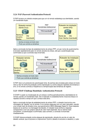 80
3.2.4 PAP (Password Authentication Protocol)
O PAP fornece um método simples para que um nó remoto estabeleça sua identidade, usando
um handshake duplo.
Após a conclusão da fase de estabelecimento do enlace PPP, um par nome de usuário/senha
é enviado repetidamente pelo nó remoto através do enlace, até que a autenticação seja
confirmada ou que a conexão seja encerrada.
O PAP não é um protocolo de autenticação forte. As senhas são enviadas pelo enlace em texto
claro e não há nenhuma proteção contra reprodução ou contra ataques repetidos de tentativa e
erro. O nó remoto controla a freqüência e a temporização das tentativas de registro.
3.2.5 CHAP (Challenge Handshake Authentication Protocol)
O CHAP é usado na inicialização de um enlace e verifica periodicamente a identidade do nó
remoto usando um handshake triplo. Ele é realizado no estabelecimento inicial do enlace e é
repetido durante o tempo em que o enlace está ativo.
Após a conclusão da fase de estabelecimento do enlace PPP, o roteador local envia uma
mensagem de "desafio" ao nó remoto. O nó remoto responde com um valor calculado, usando
uma função hash de direção única, que geralmente é MD5 (Message Digest 5). Essa resposta
baseia-se na senha e na mensagem de desafio. O roteador local verifica a resposta,
comparando-a com seu próprio cálculo do valor hash esperado. Se os valores hash
coincidirem, a autenticação é confirmada; caso contrário, a conexão é encerrada
imediatamente.
O CHAP oferece proteção contra ataques de reprodução, através do uso de um valor de
desafio variável, que é exclusivo e imprevisível. Como o desafio é exclusivo e aleatório, o valor
 