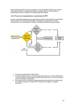 81
hash resultante também é exclusivo e aleatório. O uso de repetidos desafios visa a limitar o
tempo de exposição a um determinado ataque. O roteador local (ou outro servidor de
autenticação) controla a freqüência e a temporização dos desafios.
3.2.6 Processo de encapsulamento e autenticação do PPP
Ao usar o comando encapsulation ppp, pode-se adicionar opcionalmente a autenticação
PAP ou CHAP. Se nenhuma autenticação for especificada, a sessão PPP é iniciada
imediatamente. Se a autenticação for exigida, o processo passa pelas seguintes etapas:
• O método de autenticação é determinado.
• O banco de dados local ou o servidor de segurança (que tem um banco de dados de
nomes de usuários e senhas) são verificados para determinar se o nome de usuário e
a senha fornecidos correspondem.
• O processo verifica a resposta de autenticação devolvida pelo banco de dados local.
Se a resposta é positiva, a sessão PPP é iniciada. Se é negativa, a sessão é
encerrada.
 