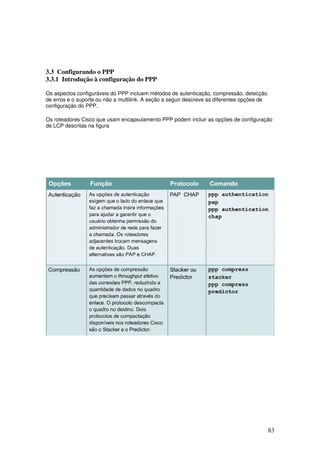 83
3.3 Configurando o PPP
3.3.1 Introdução à configuração do PPP
Os aspectos configuráveis do PPP incluem métodos de autenticação, compressão, detecção
de erros e o suporte ou não a multilink. A seção a seguir descreve as diferentes opções de
configuração do PPP.
Os roteadores Cisco que usam encapsulamento PPP podem incluir as opções de configuração
de LCP descritas na figura
 