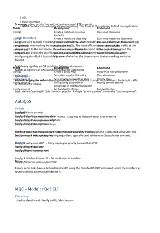 Mode Description Command
(config) Create a match all class map
(default)
Class-map classname
(config) Create a match any class map Class-map match-any classname
(config) Create a match all class map Class-map match-all classname
(config-cmap) Match on an ACL Match access-group
(config-cmap) Match on an input interface Match input-interface
(config-cmap) Match based on NBAR application
signature
Match protocol protocol
Mode Description Command
(config) Create a policy map Policy-map type policyname
(config-pmap) Set a class map for this policy Class classname
(config-cmap-c) Set a priority bandwidth of kbps Priority kbps
(config-cmap-c) Set a priority bandwidth of
percentage of interface bandwidth
Priority percent percent
(config-cmap-c) Set bandwidth of kbps Bandwidth kbps
Scavenger – Non productive and no business need. P2P apps etc.
Trust Boundary
All devices are capable if marking packets for priority. Upstream devices can either trust these markings
or generate new marking by inspecting the traffic. The most efficient way is to mark the traffic at the
closest point to the end device, this allows more efficient transport of the packet throughout the
network and avoids the Distribution and especially the Core switches classifying traffic. When
configuring AutoQoS it is possible to control whether the downstream devices marking are to be
trusted.
Queuing
Allows changing the default queuing method on Cisco devices (routers and switches). By default traffic
is sent on a FIFO basis.
Low Latency Queuing (LLQ) is the most popular. A single “priority queue” and many “custom queues”.
AutoQoS
Switch
(config-if) # auto qos voip
(config-if) # auto qos voip cisco-phone
(config-if) # auto qos voip cisco-softphone
(config-if) # auto qos voip trust
The first three options will only enable the trust boundary if a Cisco phone is detected using CDP. The
last command will trust any marking regardless, typically used where non Cisco phones are used.
Router
(config-if) # auto qos voip
(config-if) # auto qos voip trust
Notes-
Ensure serial links have a defined bandwidth using the ‘bandwidth XXX’ command under the interface as
routers cannot automatically detect it.
MQC – Modular QoS CLI
Class map
Used to identify and classify traffic. Matches on-
 ACL
 Input interface
 NBAR (Network based application recognition). This looks at the up layers to find the application
Match-any signifies an OR condition between statements
Match-all signifies an AND condition between statements
Policy-map
Controls what to do with traffic
Example-
(config) # Class-map match-any WEB_TRAFFIC - Class map to match on either HTTP or HTTPS
(config-cmap) # Match protocol http
(config-cmap) # Match protocol https
(config) # Class-map match-all VOIP - Class map to match on RTP traffic
(config-cmap) # Match protocol rtp
(config) # policy-map VOIP - Policy map to give priority bandwidth to VOIP
(config-pmap) # class VOIP
(config-pmap-c) # priority 4000
(config) # interface Ethernet 0 - Set the QoS on an interface
(config-if) # service-policy output VOIP
 
