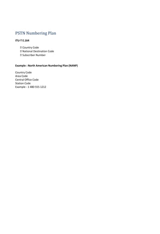 PSTN Numbering Plan
ITU-T E.164
 Country Code
 National Destination Code
 Subscriber Number
Example : North American Numbering Plan (NANP)
Country Code
Area Code
Central Office Code
Station Code
Example - 1 480 555 1212
 