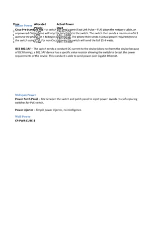 Class Allocated
Power
Actual Power
Used
0 15.4W 0.44 to 12.95
1 4.0W 0.44 – 3.84W
2 7.0W 3.84 – 6.49W
3 15.4W 6.49 – 12.95W
Inline Power
Cisco Pre-Standard PoE – A switch will send a tone (Fast Link Pulse – FLP) down the network cable, an
unpowered Cisco phone will loop the tone back to the switch. The switch then sends a maximum of 6.3
watts to the phone for it to begin powering up. The phone then sends it actual power requirements to
the switch using CDP. For non Cisco phones the switch will send the full 15.4 watts.
IEEE 802.3AF – The switch sends a constant DC current to the device (does not harm the device because
of DC filtering), a 802.3AF device has a specific value resistor allowing the switch to detect the power
requirements of the device. This standard is able to send power over Gigabit Ethernet.
Midspan Power
Power Patch Panel – Sits between the switch and patch panel to inject power. Avoids cost of replacing
switches for PoE switch.
Power Injector – Simple power injector, no intelligence.
Wall Power
CP-PWR-CUBE-3
 