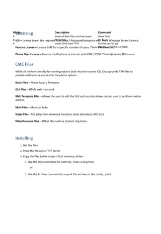 Mode Description Command
# Show all flash files and free space Show flash
# Think DOS... Dir flash:
# Install CME from TFTP Archive tar /xtract
tftp://x.x.x.x/cme..tar flash:
Licensing
IOS – License to run the required IOS (Voice / AdvancedEnterprise etc). Think Windows Server Licence.
Feature License – License CME for a specific number of users. Think Windows CAL.
Phone User License – License the IP phone to interact with CME / CCM. Think Windows XP License.
CME Files
While all the functionality for running voice is built into the routers IOS, Cisco provide TAR files to
provide additional resources for the phone system-
Basic Files – Phone loads / firmware.
GUI Files – HTML web front end.
XML Template Files – Allows the user to edit the GUI such as only allows certain user to perform certain
actions.
MoH Files – Music on hold.
Script Files - TCL scripts for advanced functions (auto attendant, ACD etc).
Miscellaneous Files – Other files such as Custom ring tones.
Installing
1. Get the files.
2. Place the files on a TFTP server
3. Copy the files to the routers flash memory, either-
1. Use the copy command for each file. Takes a long time.
or
2. Use the Archive command to unpack the archive on the router, quick.
 