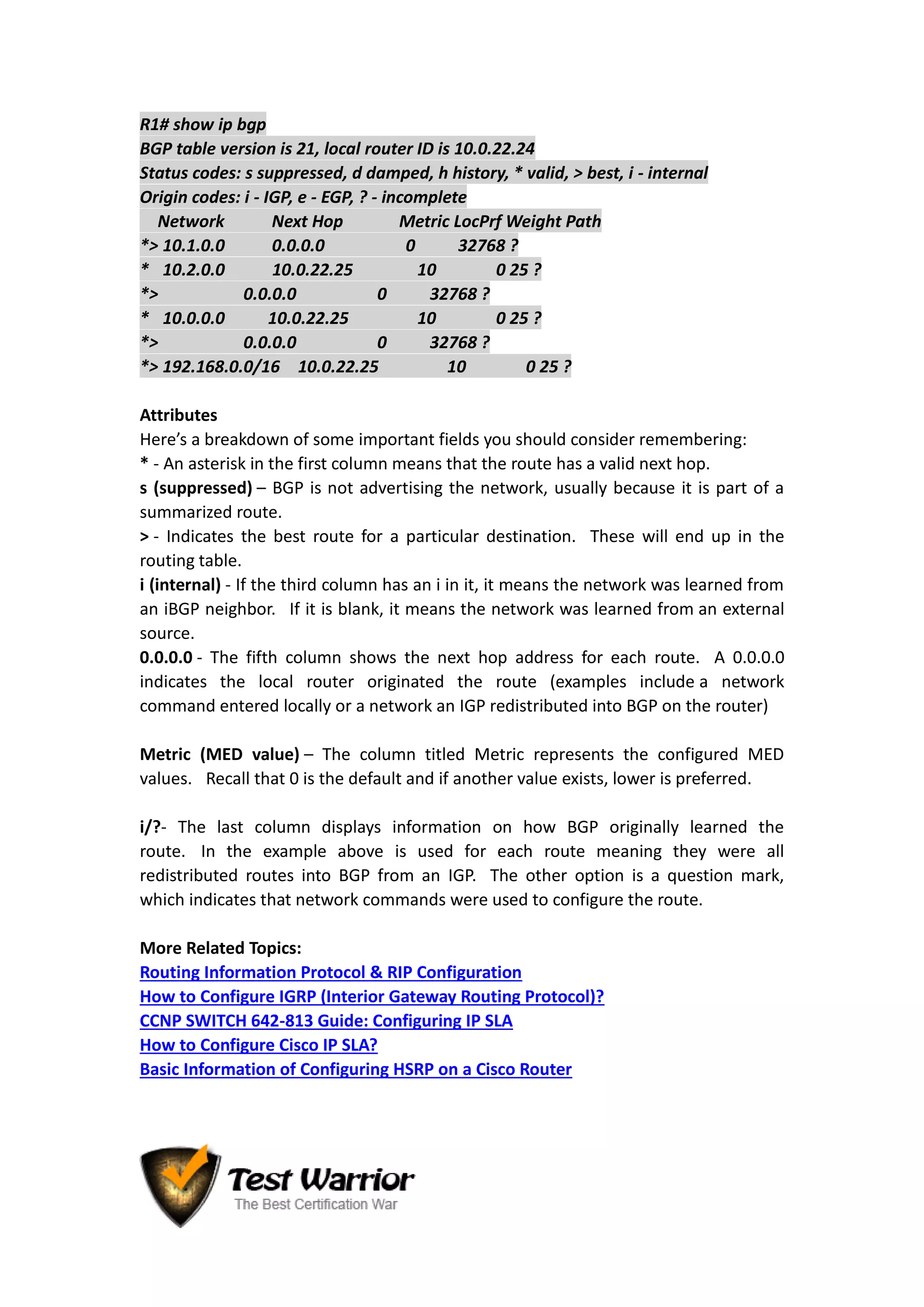 R1# show ip bgp
BGP table version is 21, local router ID is 10.0.22.24
Status codes: s suppressed, d damped, h history, * valid, > best, i - internal
Origin codes: i - IGP, e - EGP, ? - incomplete
Network Next Hop Metric LocPrf Weight Path
*> 10.1.0.0 0.0.0.0 0 32768 ?
* 10.2.0.0 10.0.22.25 10 0 25 ?
*> 0.0.0.0 0 32768 ?
* 10.0.0.0 10.0.22.25 10 0 25 ?
*> 0.0.0.0 0 32768 ?
*> 192.168.0.0/16 10.0.22.25 10 0 25 ?
Attributes
Here’s a breakdown of some important fields you should consider remembering:
* - An asterisk in the first column means that the route has a valid next hop.
s (suppressed) – BGP is not advertising the network, usually because it is part of a
summarized route.
> - Indicates the best route for a particular destination. These will end up in the
routing table.
i (internal) - If the third column has an i in it, it means the network was learned from
an iBGP neighbor. If it is blank, it means the network was learned from an external
source.
0.0.0.0 - The fifth column shows the next hop address for each route. A 0.0.0.0
indicates the local router originated the route (examples include a network
command entered locally or a network an IGP redistributed into BGP on the router)
Metric (MED value) – The column titled Metric represents the configured MED
values. Recall that 0 is the default and if another value exists, lower is preferred.
i/?- The last column displays information on how BGP originally learned the
route. In the example above is used for each route meaning they were all
redistributed routes into BGP from an IGP. The other option is a question mark,
which indicates that network commands were used to configure the route.
More Related Topics:
Routing Information Protocol & RIP Configuration
How to Configure IGRP (Interior Gateway Routing Protocol)?
CCNP SWITCH 642-813 Guide: Configuring IP SLA
How to Configure Cisco IP SLA?
Basic Information of Configuring HSRP on a Cisco Router
 