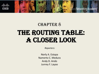 Chapter 8

THE ROUTING TABLE:
  A CLOSER LOOK
         Reporters:

       Norly A. Estopa
     Namerto C. Medura
        Andy D. Ando
       Junrey F. Layao
 