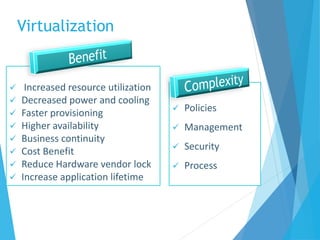  Policies
 Management
 Security
 Process
Virtualization
 Increased resource utilization
 Decreased power and cooling
 Faster provisioning
 Higher availability
 Business continuity
 Cost Benefit
 Reduce Hardware vendor lock
 Increase application lifetime
 