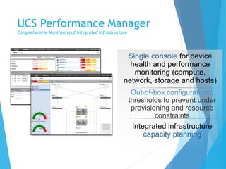 UCS Performance Manager
Comprehensive Monitoring of Integrated Infrastructure
Out-of-box configurations,
thresholds to prevent under
provisioning and resource
constraints
Integrated infrastructure
capacity planning
Single console for device
health and performance
monitoring (compute,
network, storage and hosts)
 