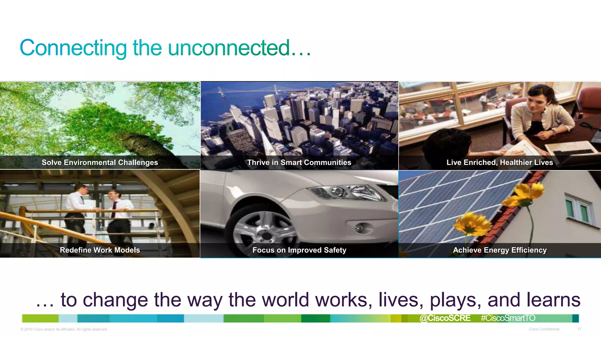 Solve Environmental Challenges

Thrive in Smart Communities

Live Enriched, Healthier Lives

Redefine Work Models

Focus on Improved Safety

Achieve Energy Efficiency

… to change the way the world works, lives, plays, and learns
@CiscoSCRE
© 2010 Cisco and/or its affiliates. All rights reserved.

#CiscoSmartTO
Cisco Confidential

17

 