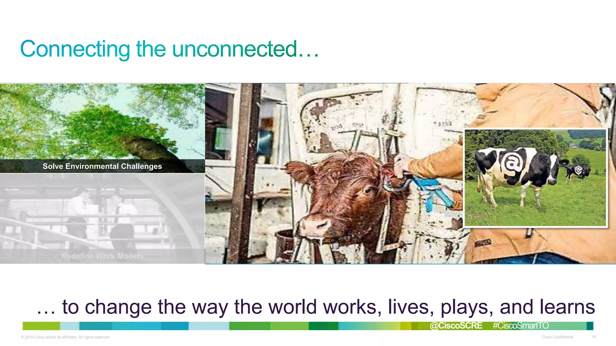 Solve Environmental Challenges

Thrive in Smart Communities

Live Enriched, Healthier Lives

Redefine Work Models

Focus on Improved Safety

Achieve Energy Efficiency

… to change the way the world works, lives, plays, and learns
@CiscoSCRE
© 2010 Cisco and/or its affiliates. All rights reserved.

#CiscoSmartTO
Cisco Confidential

18

 