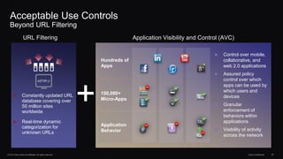 © 2014 Cisco and/or its affiliates. All rights reserved. Cisco Confidential 25
Acceptable Use Controls
Beyond URL Filtering
URL Filtering
► Constantly updated URL
database covering over
50 million sites
worldwide
► Real-time dynamic
categorization for
unknown URLs
HTTP://
Application Visibility and Control (AVC)
Hundreds of
Apps
Application
Behavior
150,000+
Micro-Apps
► Control over mobile,
collaborative, and
web 2.0 applications
► Assured policy
control over which
apps can be used by
which users and
devices
► Granular
enforcement of
behaviors within
applications
► Visibility of activity
across the network
+
 