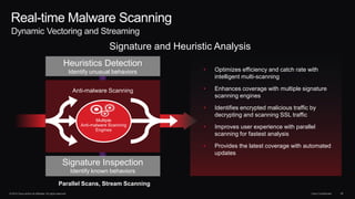 © 2014 Cisco and/or its affiliates. All rights reserved. Cisco Confidential 26
Real-time Malware Scanning
Dynamic Vectoring and Streaming
Signature and Heuristic Analysis
• Optimizes efficiency and catch rate with
intelligent multi-scanning
• Enhances coverage with multiple signature
scanning engines
• Identifies encrypted malicious traffic by
decrypting and scanning SSL traffic
• Improves user experience with parallel
scanning for fastest analysis
• Provides the latest coverage with automated
updates
Heuristics Detection
Identify unusual behaviors
Anti-malware Scanning
Parallel Scans, Stream Scanning
Signature Inspection
Identify known behaviors
Multiple
Anti-malware Scanning
Engines
 
