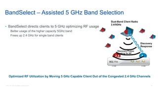 22© 2018 Cisco and/or its affiliates. All rights reserved.
52.4
Optimized RF Utilization by Moving 5 GHz Capable Client Out of the Congested 2.4 GHz Channels
802.11n
Dual-Band Client Radio
2.4/5GHz
Discovery Probes
Looking for AP
Discovery
Response
BandSelect – Assisted 5 GHz Band Selection
• BandSelect directs clients to 5 GHz optimizing RF usage
Better usage of the higher capacity 5GHz band
Frees up 2.4 GHz for single band clients
 