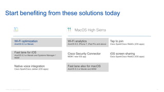 32© 2018 Cisco and/or its affiliates. All rights reserved.
Start benefiting from these solutions today
Wi-Fi optimization
AireOS 8.3 or Meraki
Fast lane for iOS
AireOS 8.3 or Meraki and Systems Manager /
MDM
Native voice integration
Cisco Spark/Cisco Jabber (iOS apps)
Wi-Fi analytics
AireOS 8.5, iPhone 7, iPad Pro and above
Tap to join
Cisco Spark/Cisco WebEx (iOS apps)
Cisco Security Connector
MDM / new iOS app
iOS screen sharing
Cisco Spark/Cisco WebEx (iOS apps)
Fast lane also for macOS
AireOS 8.3 or Meraki and MDM
MacOS High Sierra
 